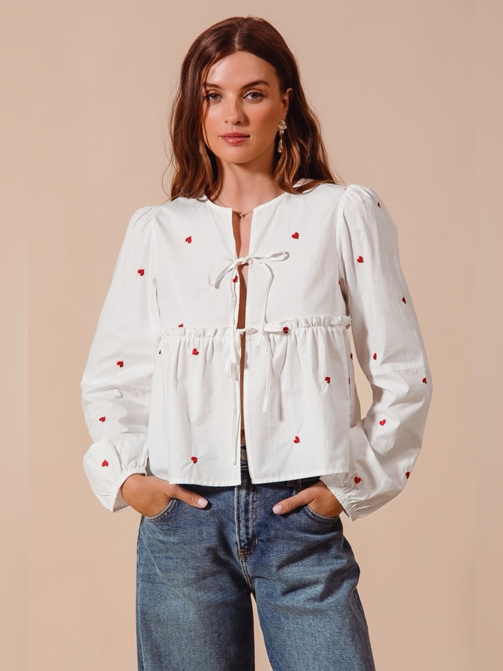 SO ME Front Tie Heart Embroidered Blouse With Puff Sleeve - Picture 9 of 11